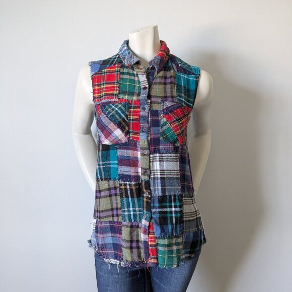 We The Free - "Lost in Plaid" Patchwork Crochet Sleeveless Shirt - Size S - Picture 1 of 9